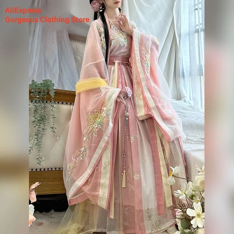 

2023 Pink Hanfu Women Chinese Traditional Embroidery Stage Dance Dress Female Fairy Cosplay Costume Hanfu Song Dynasty For Women