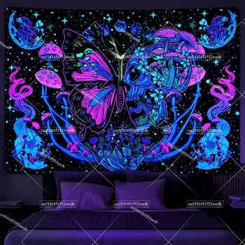 Tapisserie murale à lumière noire papillon, salle plus lente, hippicopter UV, nuit étoilée, tête de mort, tapis lumineux noir, couvertures phosphorescentes 1