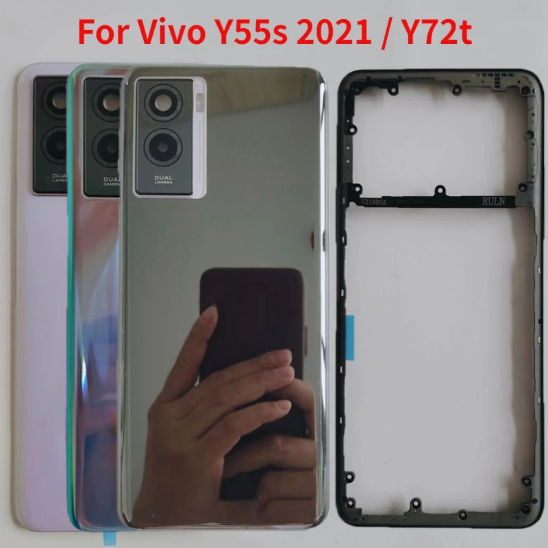 

Original New Back Cover For Vivo Y55s 2021 Y72t Battery Cover+Middle Frame Rear Door Housing Case with Camera lens Repair Parts