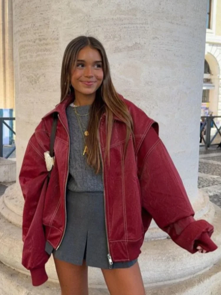 Women Zipper Leather Bomber Jackets Coats Oversized Contrast Stitch Lapel Long Sleeve Jacket Motorcycle 2024 Autumn Outwear Tops 2