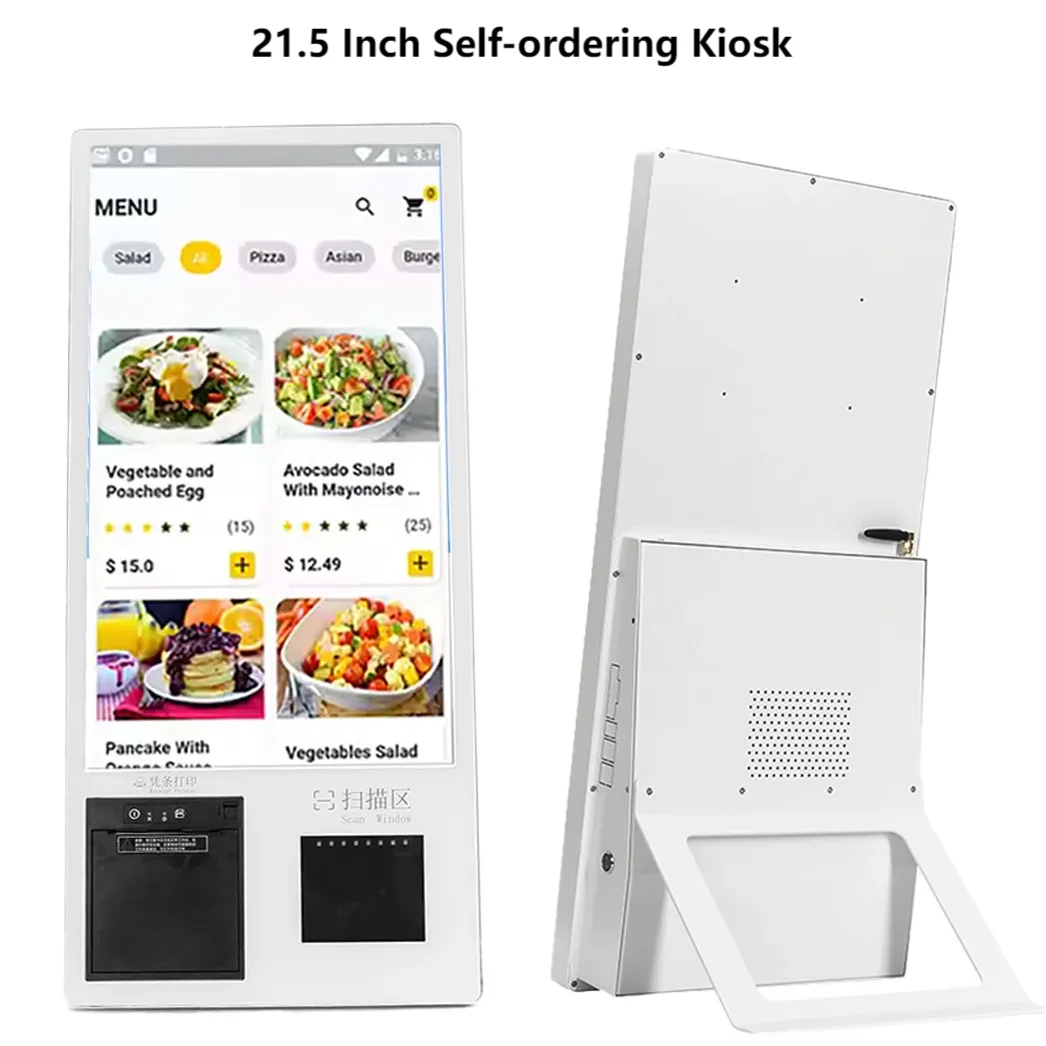 21.5 Inch Touch Screen Kiosk with 2D Scanner & 80mm Printe, Desktop Self Ordering Machine, Wall Mount Unattended Ordering POS