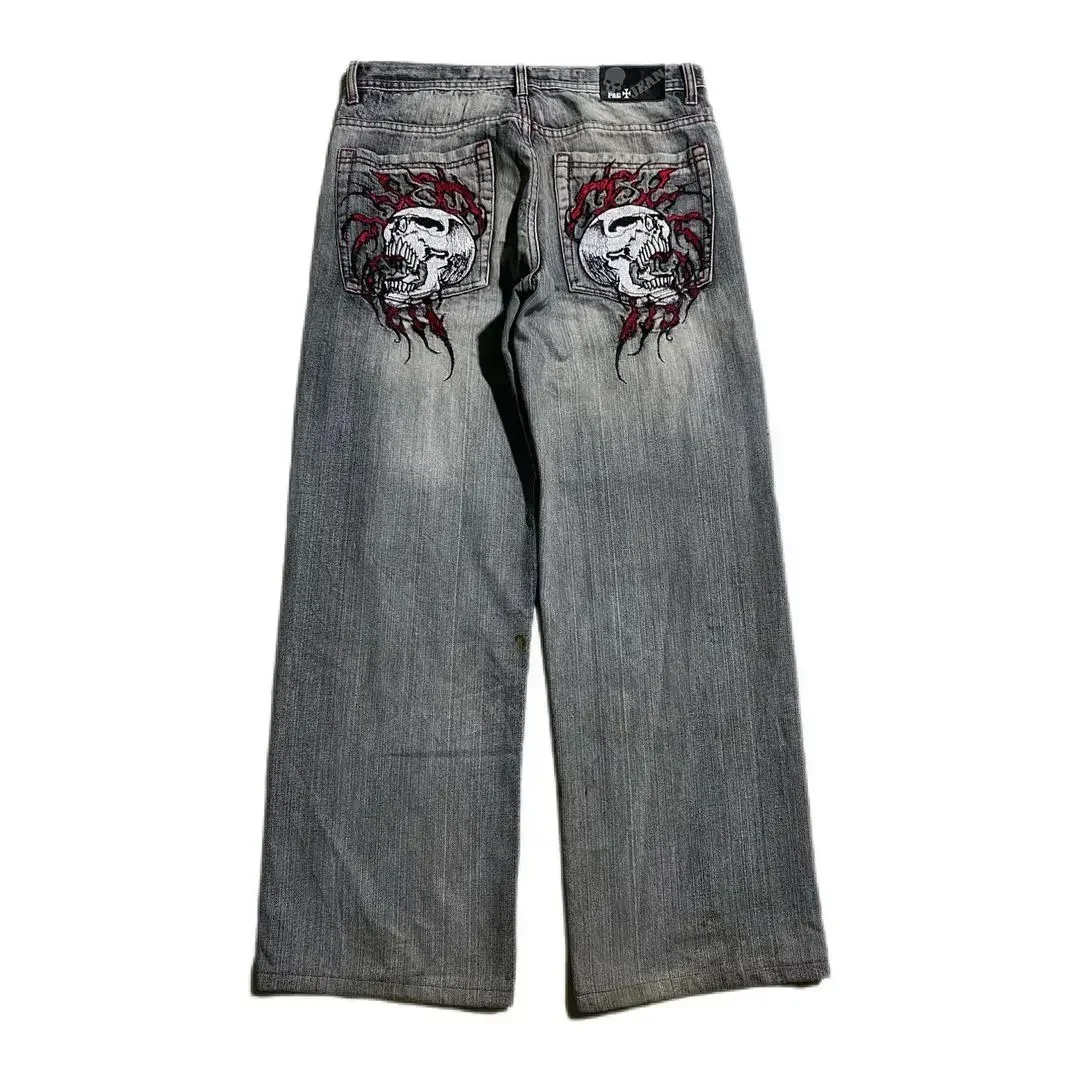 thumbnail image 1 of Y2K, pantalones vaqueros rectos con patrón de calavera y bolsillo clásico retro a la moda, pantalones sueltos de mezclilla de pierna ancha lavados góticos americanos de verano, 1 of 5