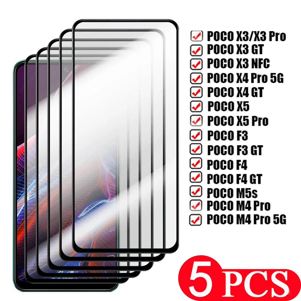 

5Pcs Smartphone Glass For xiaomi Poco X5 X4 X3 M4 pro F4 F3 GT M5 M5s NFC Tempered glass screen protector phone protective film