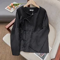 Fashionable Chinese Style Jacquard Shirt Jacket Women's Top Round Neck Long Sleeve Lace-up Buckle Vintage Loose Blouse Coat - Image 2