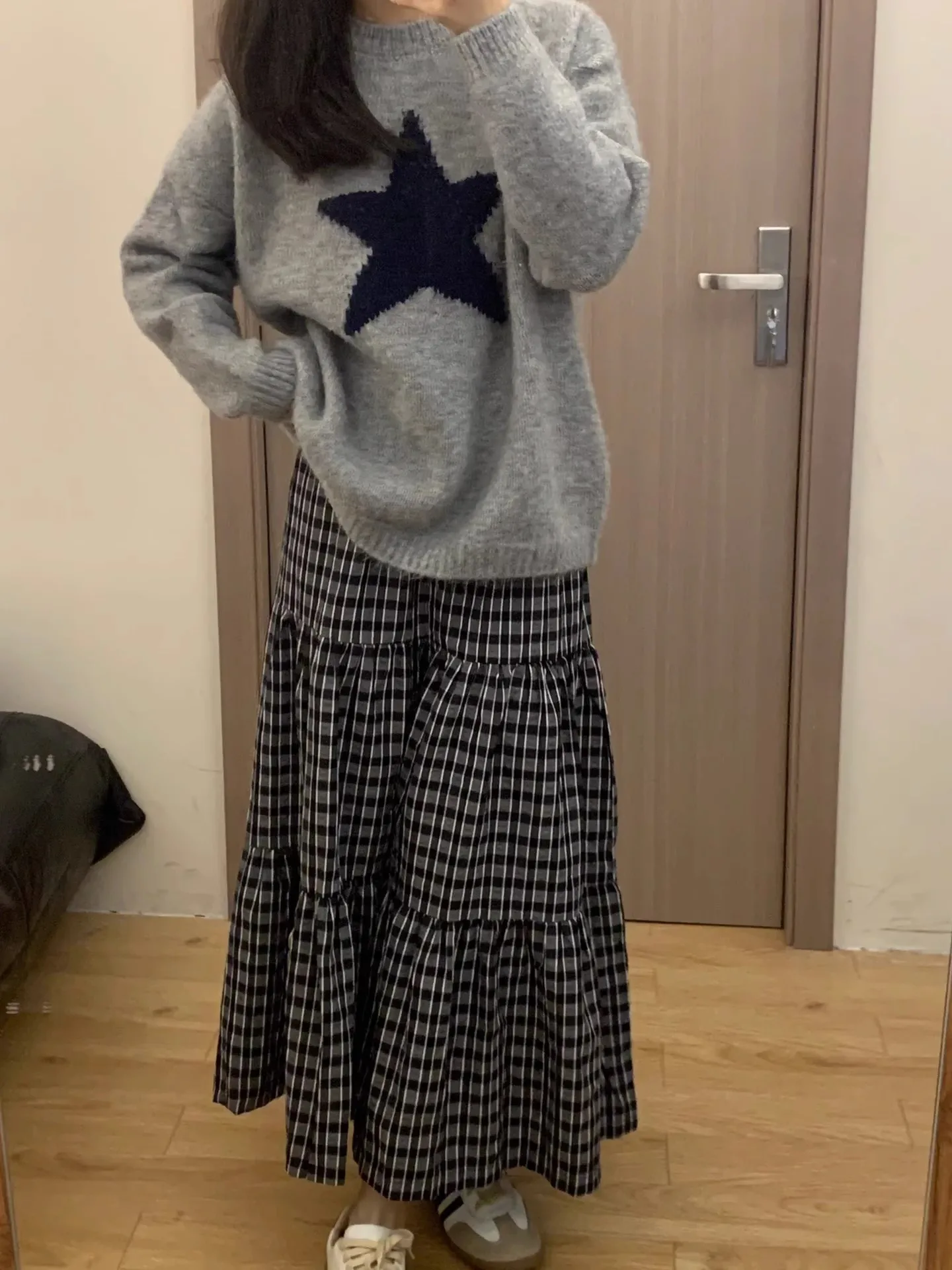 Soft Cozy round Ne Knitted Sweater Women's Loose Fit Autumn Winter Lazy College Sle fiti ey Star Pattern Knitwear