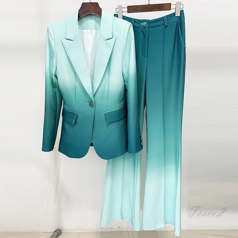 Tesco Stylish Pants Sets For Women Suit Blazer Flare Pants 2 Piece For Wedding Or Evening Party Gradient Elegant Pantsuits