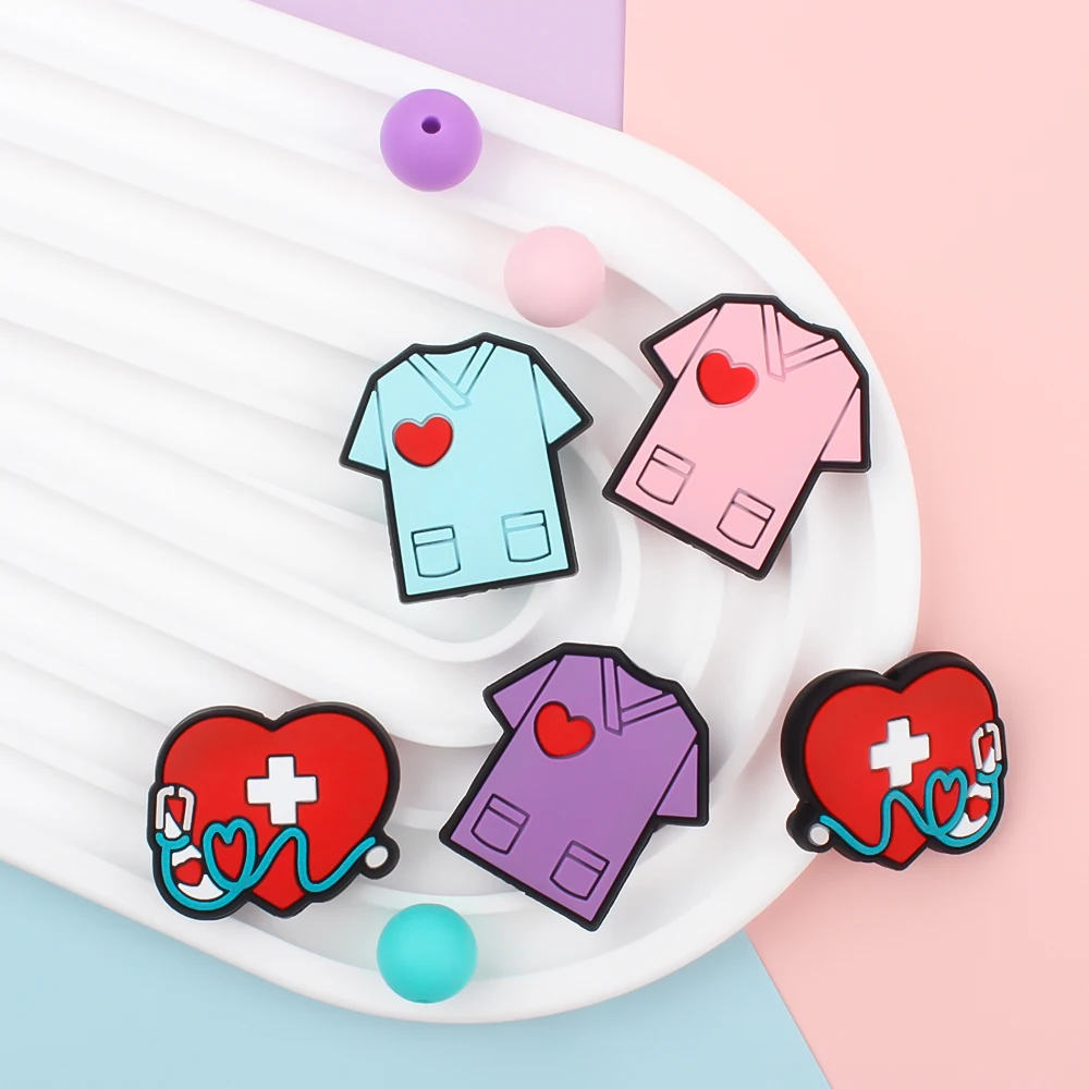 실리콘 비즈, 젖꼭지 클립 체인, DIY 목걸이 만들기 장난감, 씹는 젖니, 젖니, 의사, 간호사 구슬, 5 개