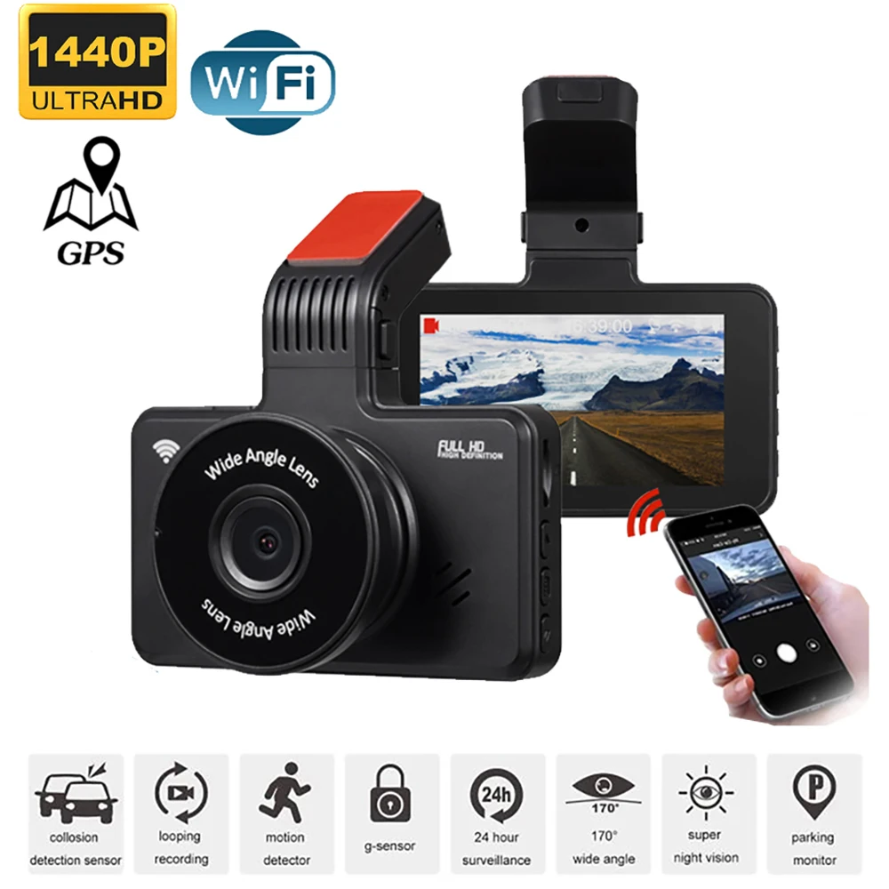 Dash Cam Dual Lens 2K 1440P Hd Recording Car Dvr Night Vision Drive Videoregistratore Gps Wifi G-Sensor Black Box Parking Monitor