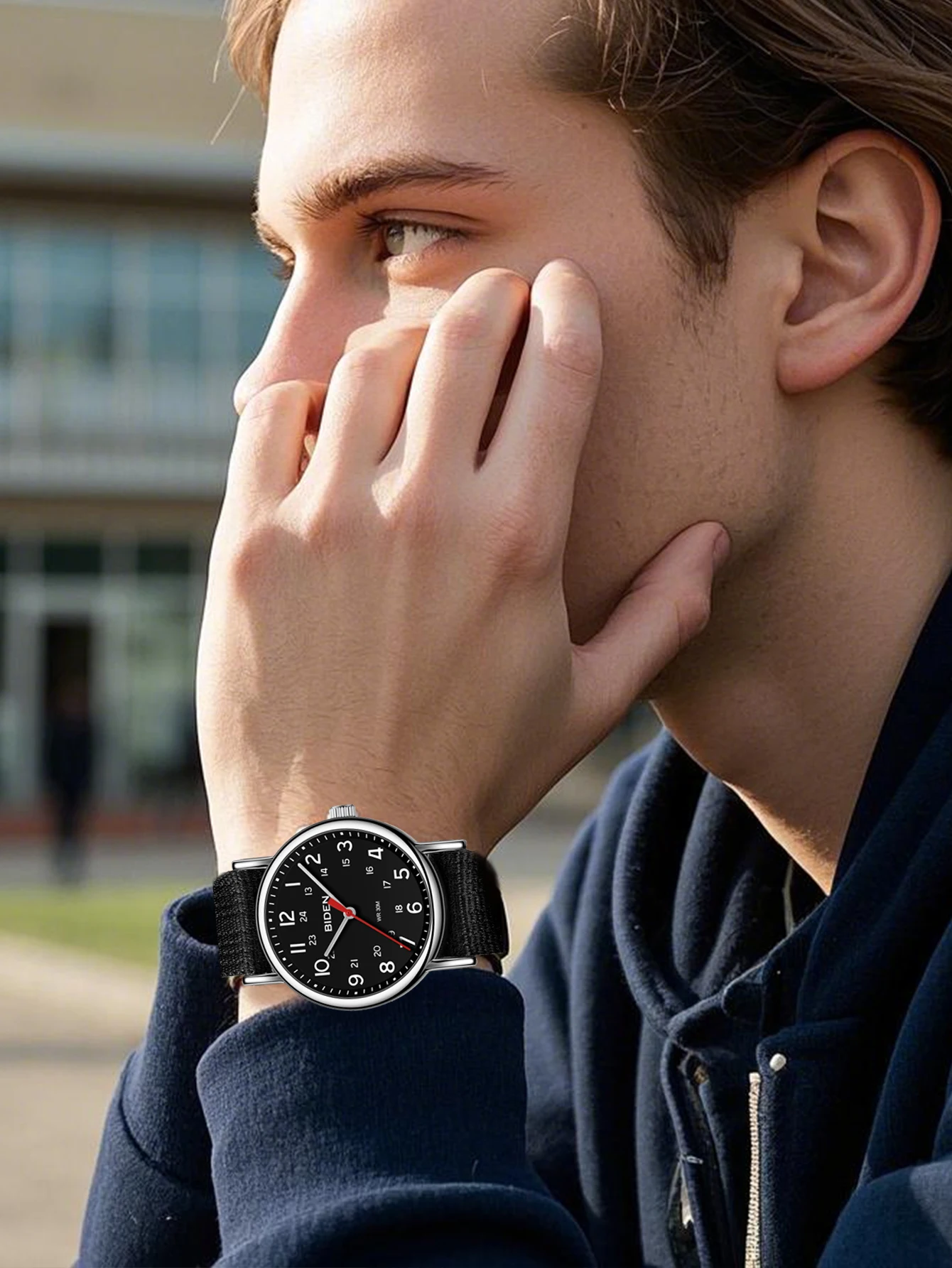 Foreign trade watch men's large dial quartz waterproof sports circular nylon strap simple casual gift exquisite watch box 2