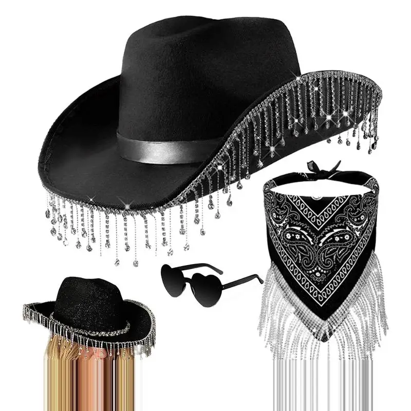 

Felt Cowgirl Hat Glitter Rhinestone Fringe Cowboy Hat with Fringed Bandana Bling Tassels Halloween Cosplay Costumes Props