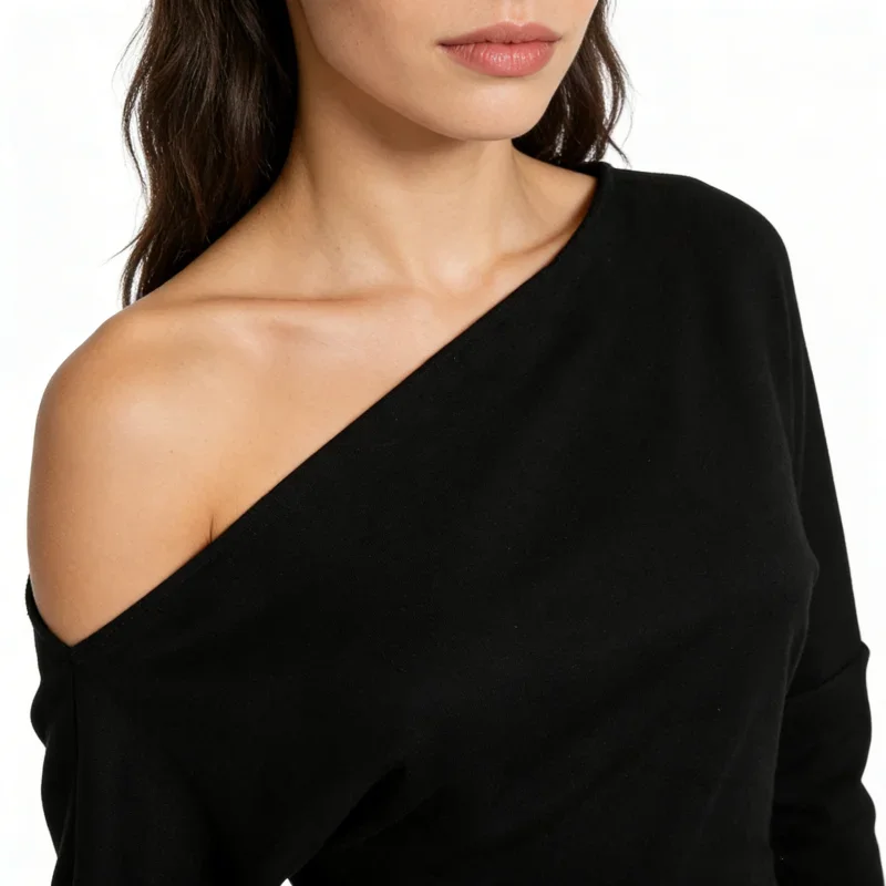 Y2k Fashion New Spring Autumn Women's Diagonal Neck Off-the-shoulder Long sleeved T-shirt Elegant Waist Split Solid Color Top