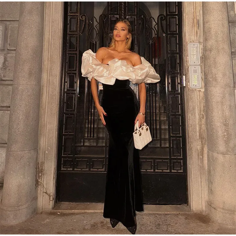 Elegant Off Shoulder Floral Long Dresses Women Vintage Slim Black Patchwork Petal Sleeves Robes Female Versatile Party Evening