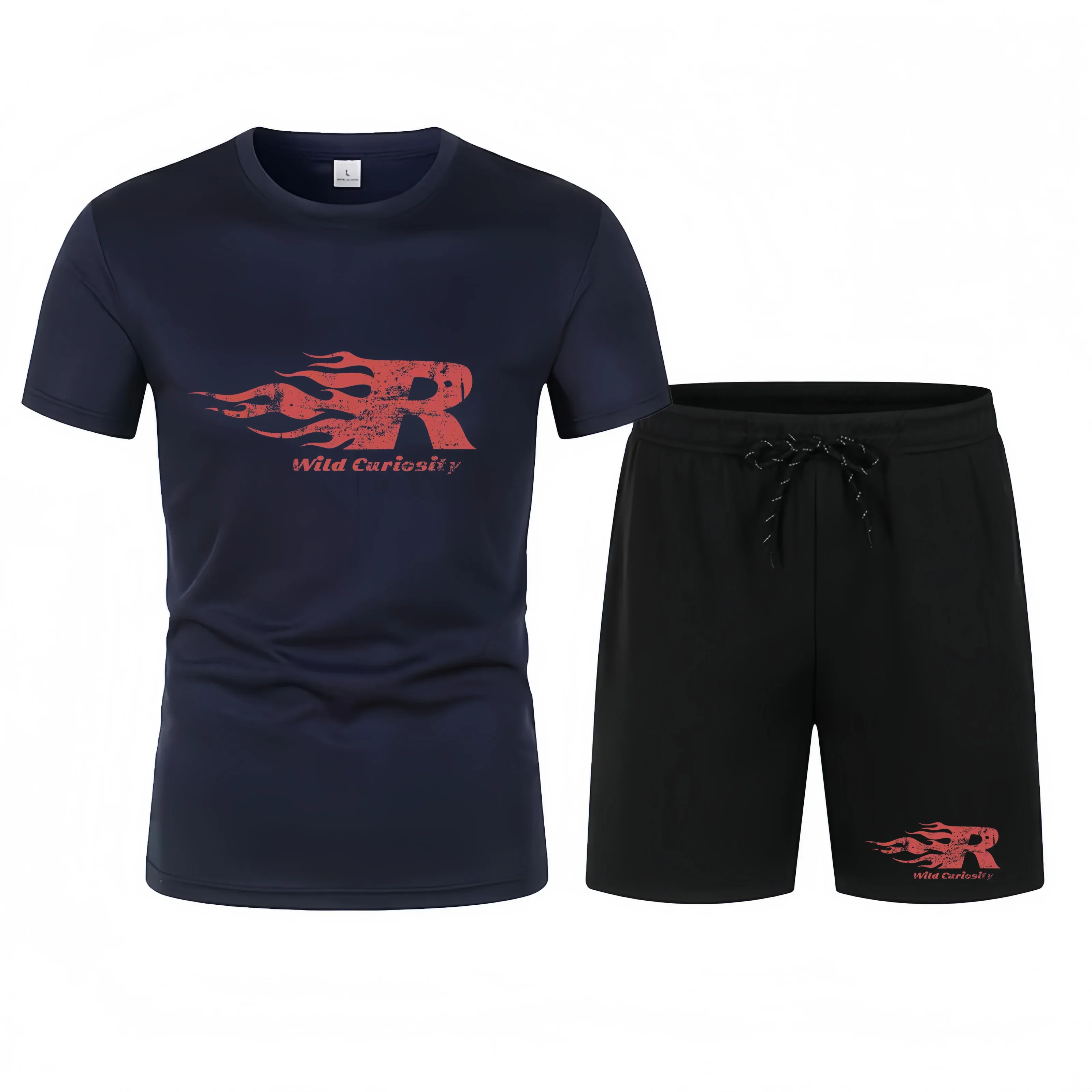 blackt-shirt and black shorts set with red logo and text on a white background