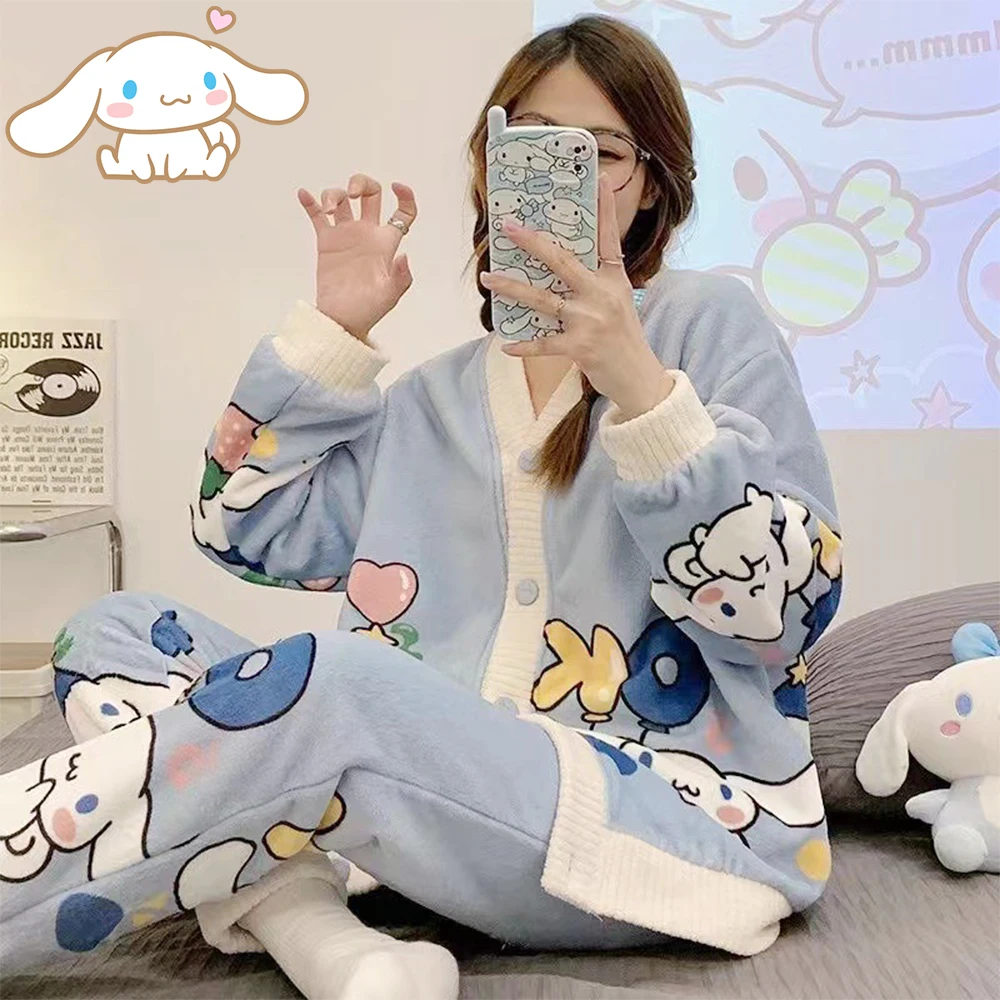

Kawaii Cinnamoroll Sanrioed Kuromi Cardigan Plush Pajamas Set for Women Anime My Melody Home Clothes Spring Winter Sweet Thicken