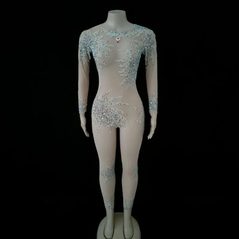 

Shiny Rhinestones Mesh Jumpsuit Long Sleeve Elastic Skinny See Through Crystals Leotard Women Singer Dancer Birthday Stage Wear