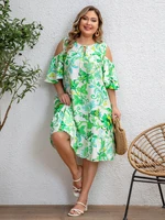 Plus Size Women's Green Floral Cold Shoulder Ruffled Sleeve Tie Dress Casual Slimming Vacation Style