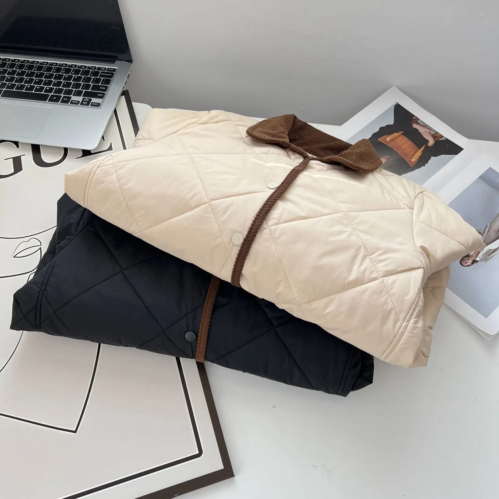 Women's Cotton-Padded Coat, Casual Warm Parka, Simple Contrast Color, Lapel, Thin, Plus Size, Autumn and Winter, 100kg