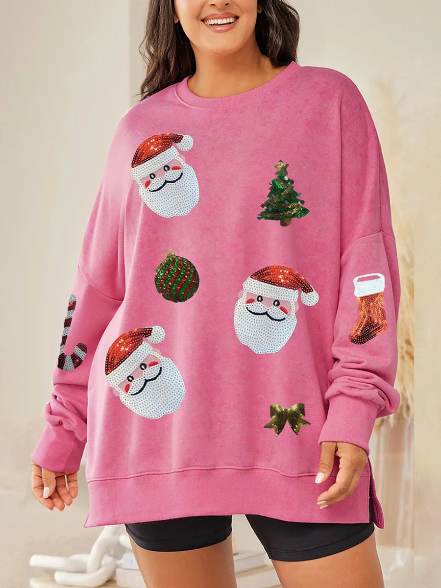 thumbnail image 1 of Sudadera navideña con parches brillantes para mujer, jerseys de cuello redondo y manga larga con estampado de Papá Noel y lentejuelas, blusas de gran tamaño, ropa de calle, 1 of 4