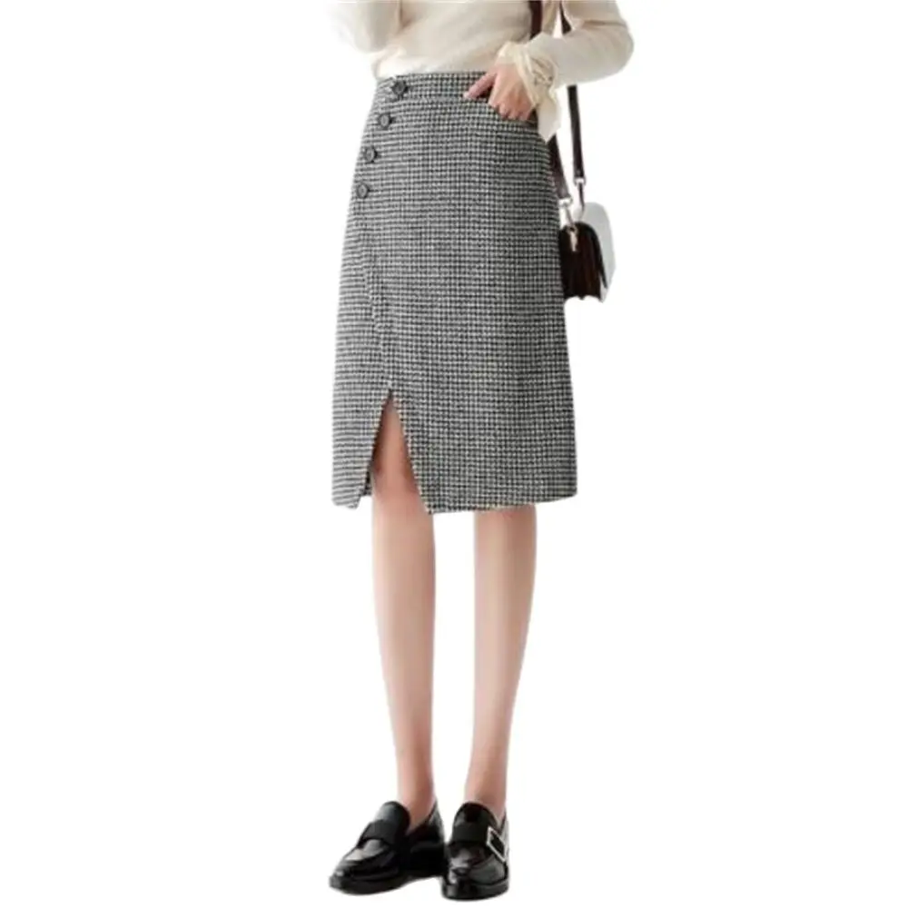 

Woolen Houndstooth Skirt for Women Autumn Winter 2024 New Pencil High Waist Slimming Mid-Length Slit Sheath Skirt Mujer Faldas