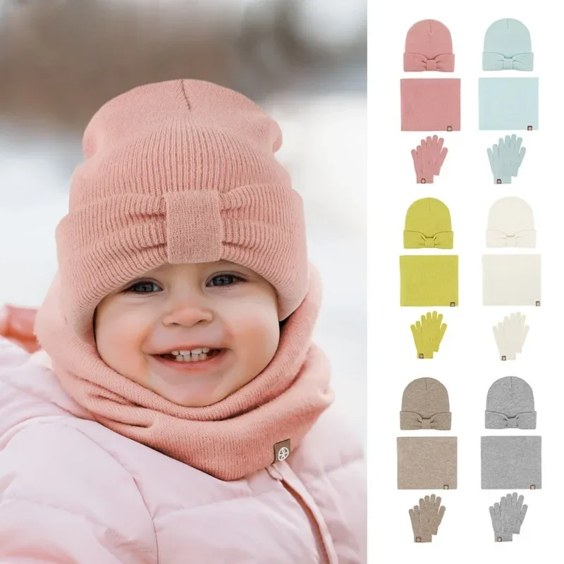 Alpaca Wool Toddler Hat Scarf Gloves Set Winter Baby Boys Girls Warm 3 in 1 Cute Bow Hats for Kids Infant Snood Knitted Bonnets