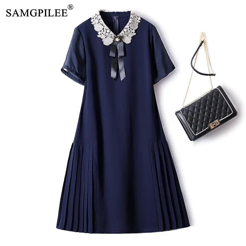 

Elegant Women's Dresses For Party 2022 New European Station Crochet Lace Doll Collar Slim Fit Drape Short Sleeve Dress Summer