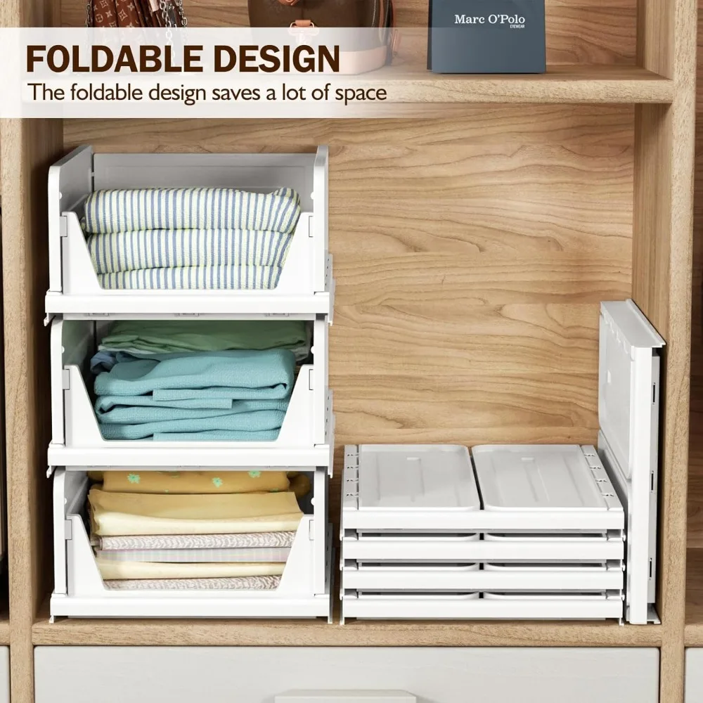 6 Pack Folding Closet Organizers Storage Box, Stackable Storage Bins, Plastic Drawer Basket Closet Storage for Wardrobe Cupboard