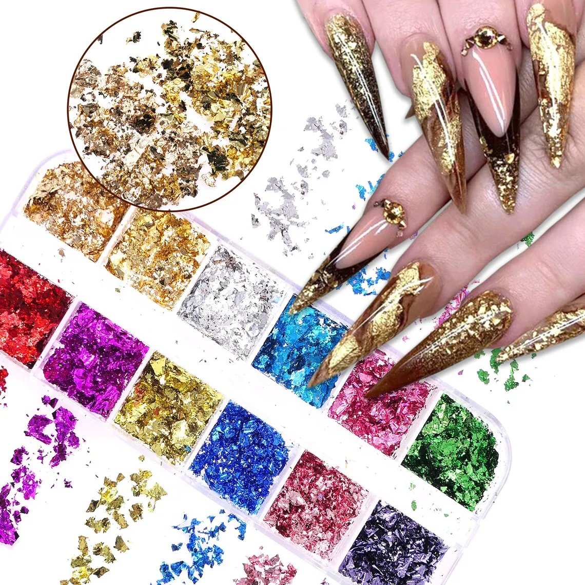 12 Grids Golden Glitter Shimmer Flakes Powder for Nails Decorations.  Metallic Sparking Iridescent Chrome Resin Craft Nail Foil.High Gloss  Glitters