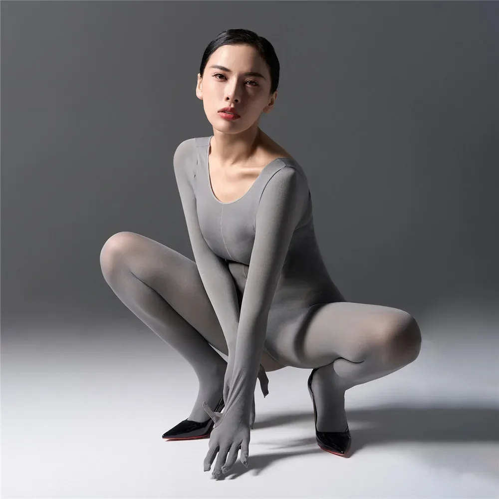 Women's Jumpsuit With Hooded High Elastic Unitard Oil Shiny Glossy Sexy Bodysuit Five Finger Gloves Tights Skinny Shaper Wear 4