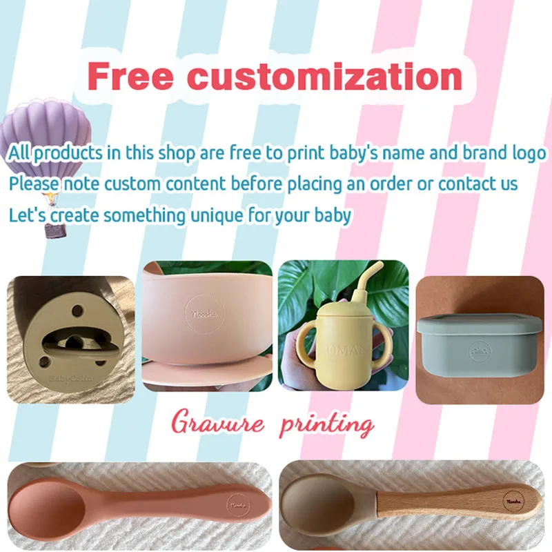 Personalized Name 4PCS Baby Silicone Dinner Sets Toddler Plate Suction Bowl Eating Training Spoon Fork Children's Tableware 6