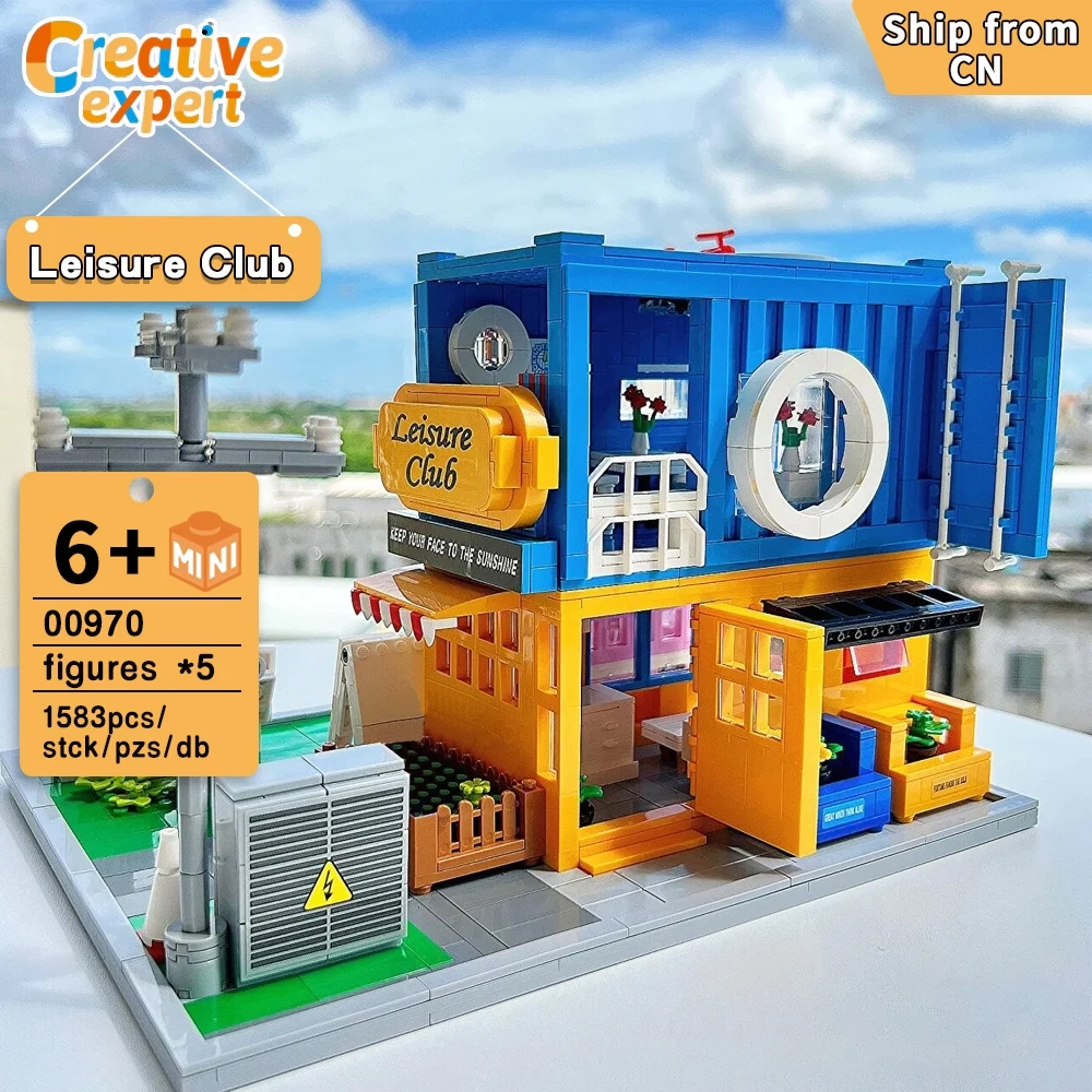 

00970 Creative Expert Moc Container Leisure Club Mini Brick Street Views Modular House Model Building Blocks Kids Toys 1583pcs