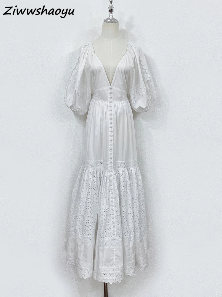 

Женское ажурное платье, белое хлопковое платье с коротким рукавом-фонариком и глубоким V-образным вырезом, лето 2019