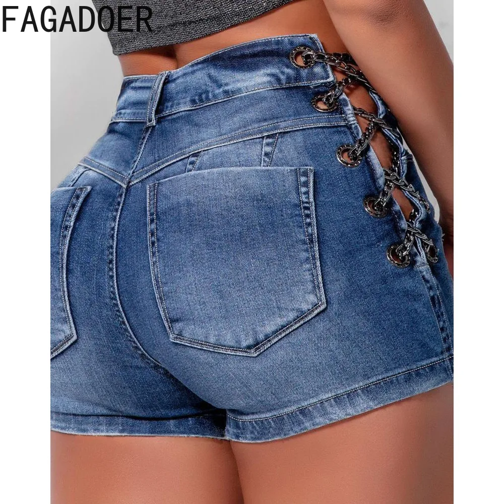 FAGADOER Blue Summer Side Chain Hollow Denim Shorts Women High Waisted Button Pocket Skinny Jean Fashion Female Cowboy Bottoms
