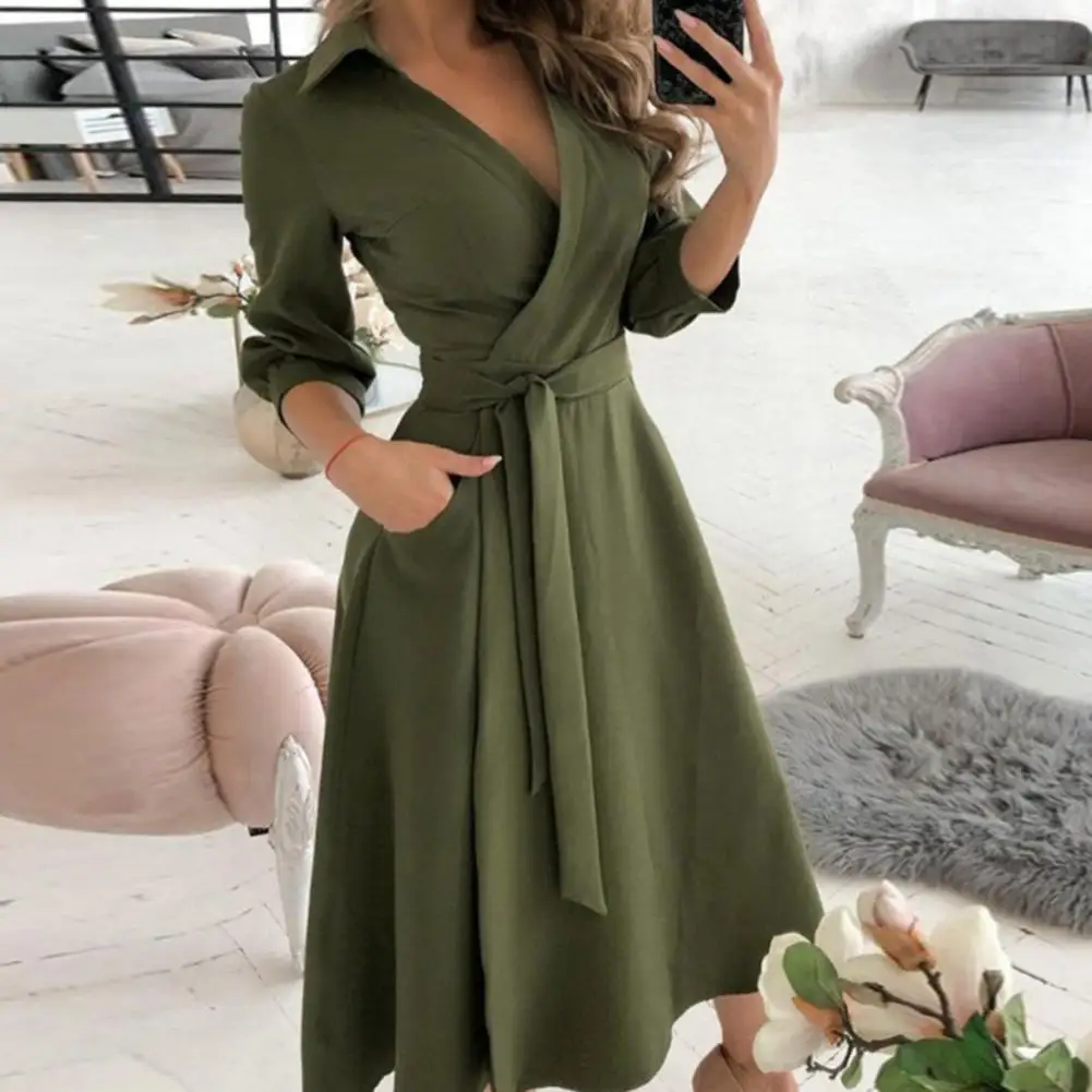 

Winter Dress for Women Elegant A-line V Neck Midi Dress with Belted Waist Pockets for Fall Spring Parties Soft Polyester Dress