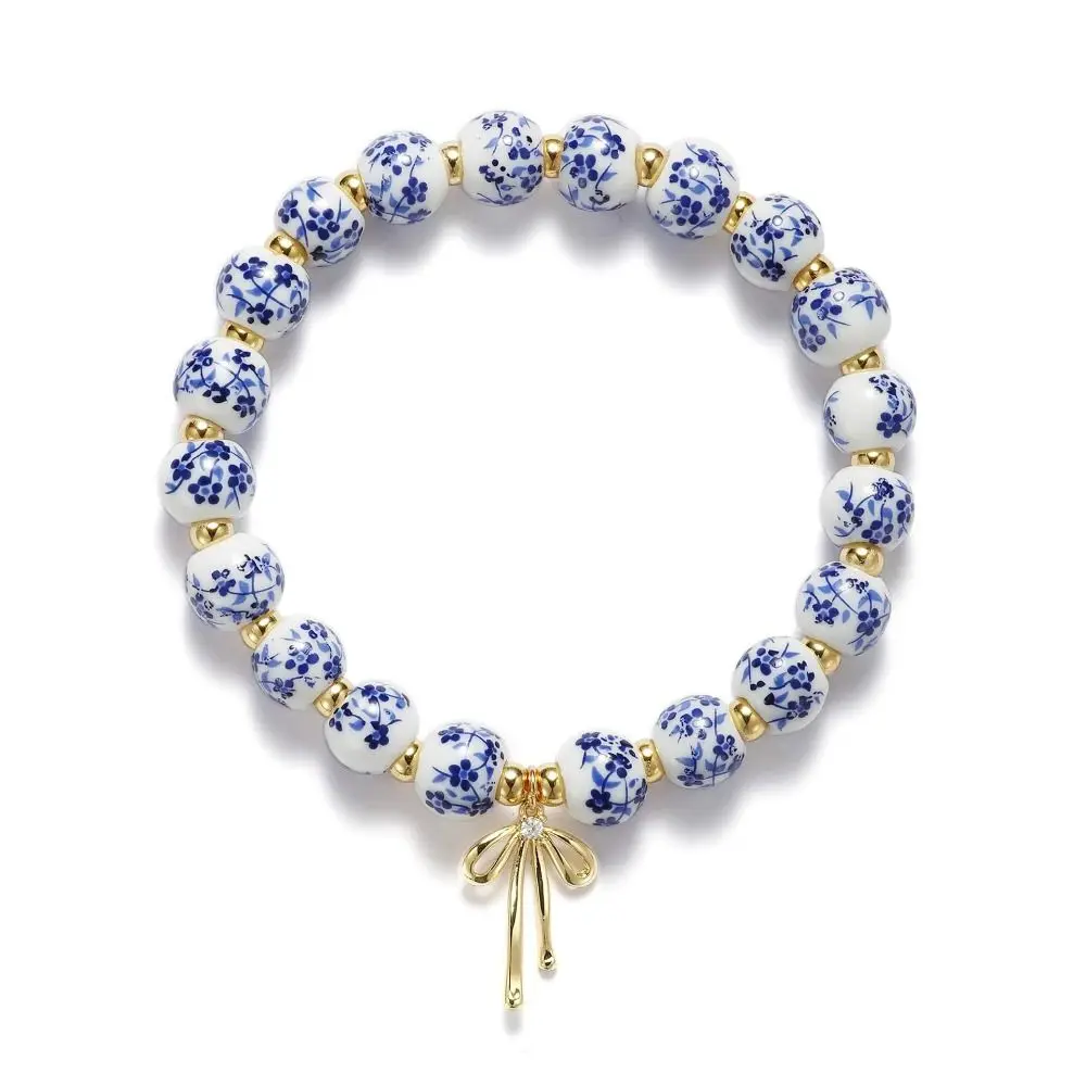 Elastic Blue and White Porcelain Bracelet Ceramics Metal Beads Beads Bracelets Vintage Antiquities New Chinese Style Bracelet