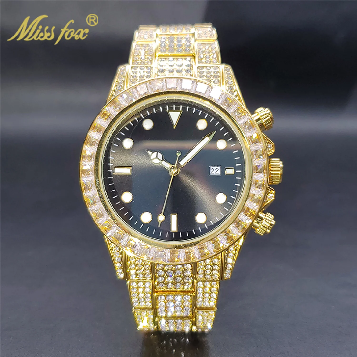 

New Gold Watch For Men Big Baguette Bezel Black Face Luxury Watches Luminous Ice Out Hip Hop Street Style Orologio New In