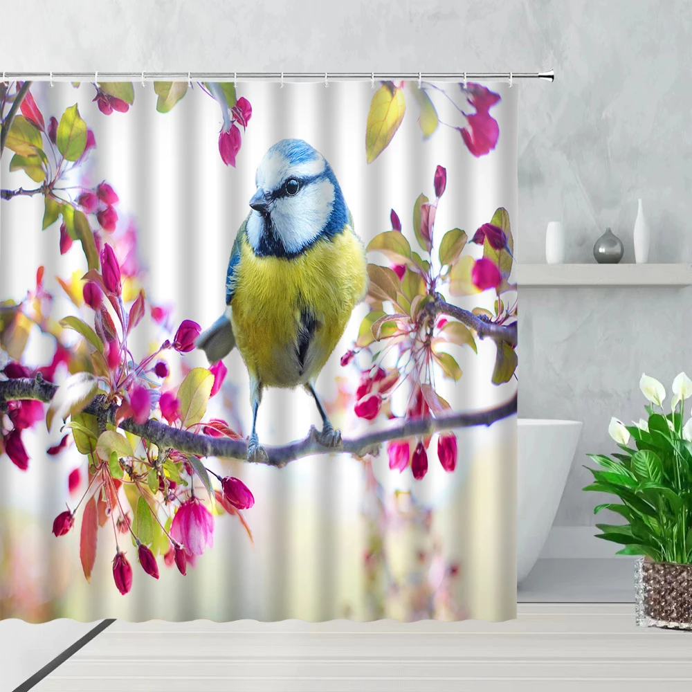

Spring Scenery Flower Bird Shower Curtain Tree Branch Birds Green Leaves Floral Plant Nature Scenic Bathroom Decor Bath Screen