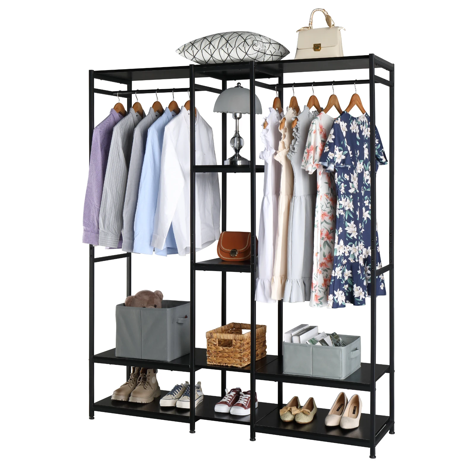 Stand Alone Wardrobe Organizer Suspender Wardrobe Hanger & Multiple Storage Racks Heavy Metal Wardrobe Storage Hanger Black images - 6