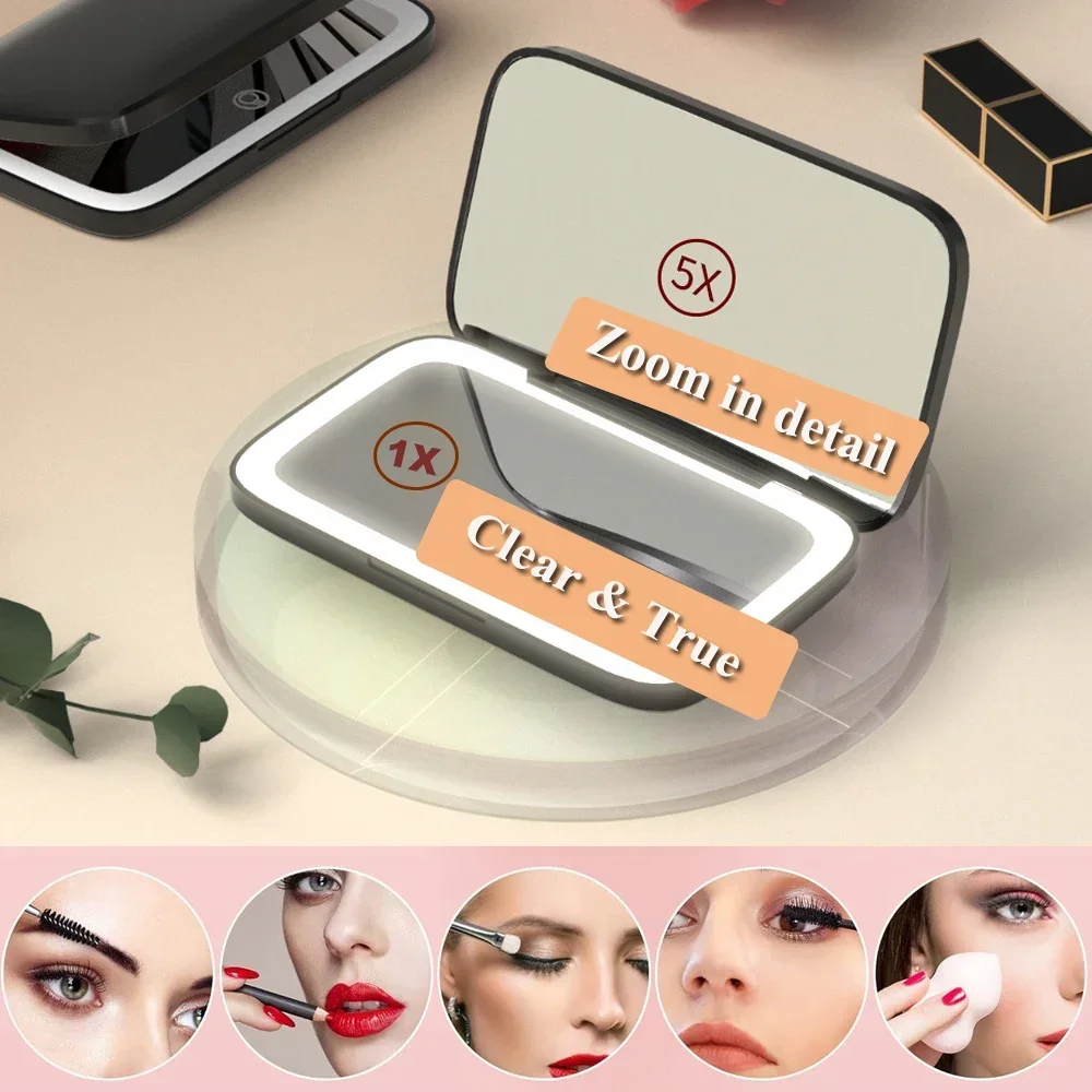 Rechargeable Square Makeup Mirror with Led Lights 1x/5x Magnification Mirror Compact Vanity Mirrors Make Up Tools Gifts for Girl