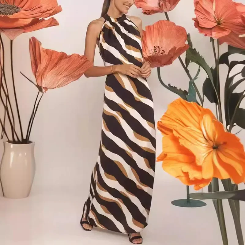 

New Printed Dress Women's Mixed Color Matching Striped Neck Straps Temperament Elegant Vacation Party Spring And Summer Dresses