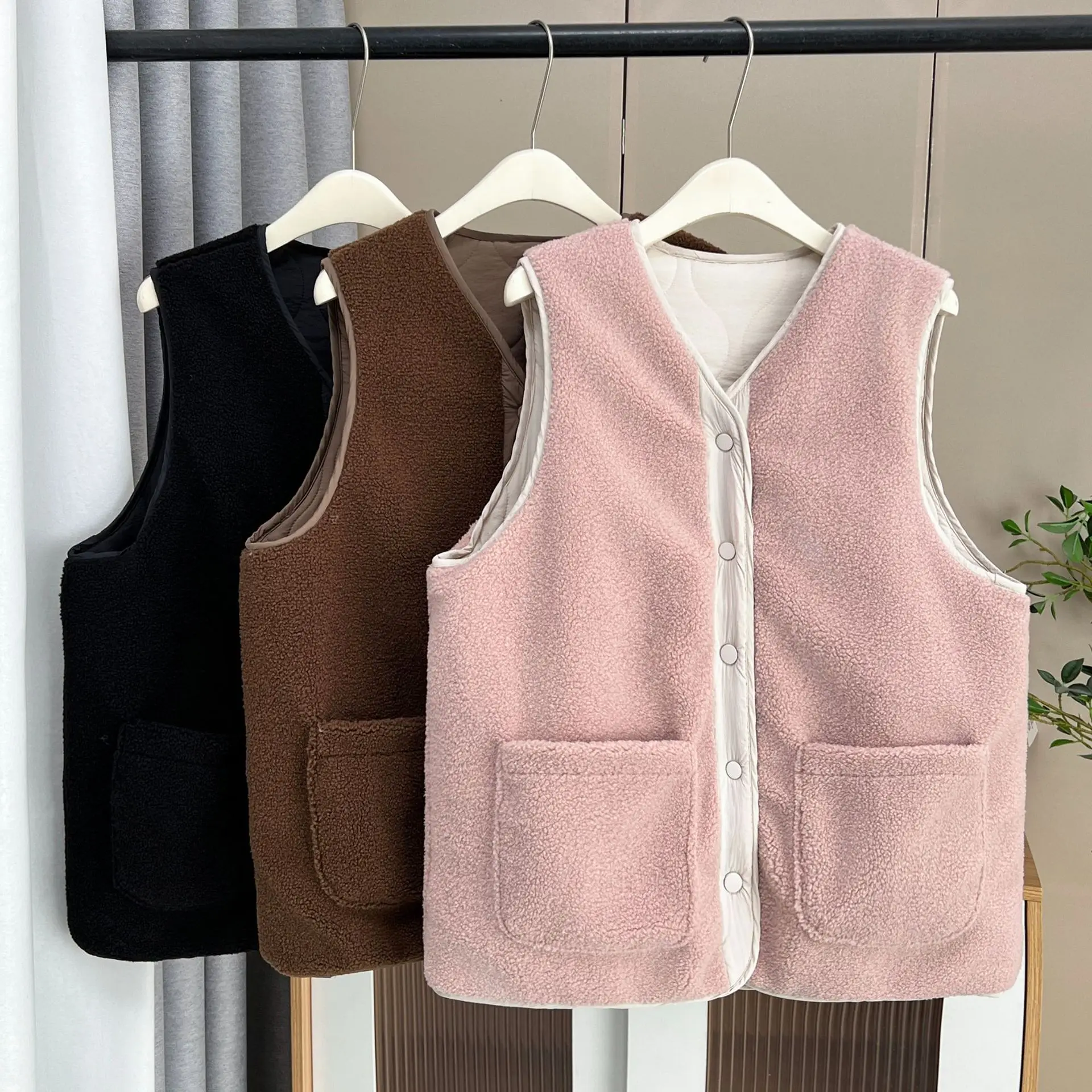 XXXXL Fashion Plus Size Women's Coat New Autumn Winter Simple V-neck Quilted Vest Two On Both Sides Casual Fleece Waistcoat 8255