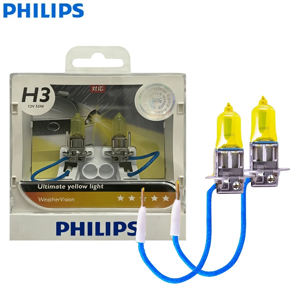 필립스 자동차 할로겐 안개등 WeatherVision H3 PK22s 2900K 노란색 전구 업그레이드 자동차 헤드라이트 12V 55W 12336WVS2, 1쌍