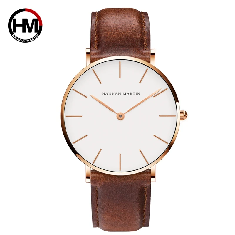 

Hannah Martin High Quality Rose Gold Dial Watch Men Leather Waterproof Wristwatch Women Dress Fashion Japan Quartz Movement Saat