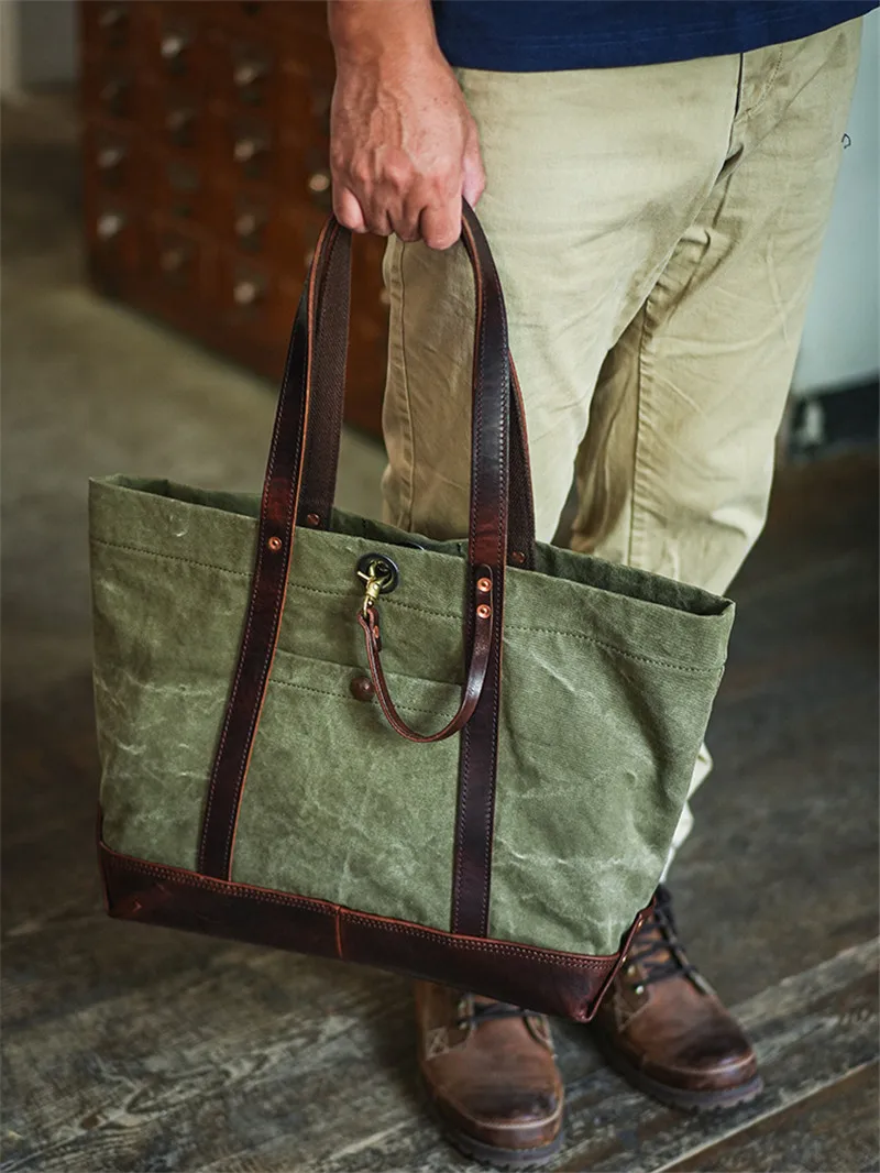 Vintage high quality canvas genuine leather men\'s tote bag work 13 inch laptop handbag designer luxury weekend shoulder bag