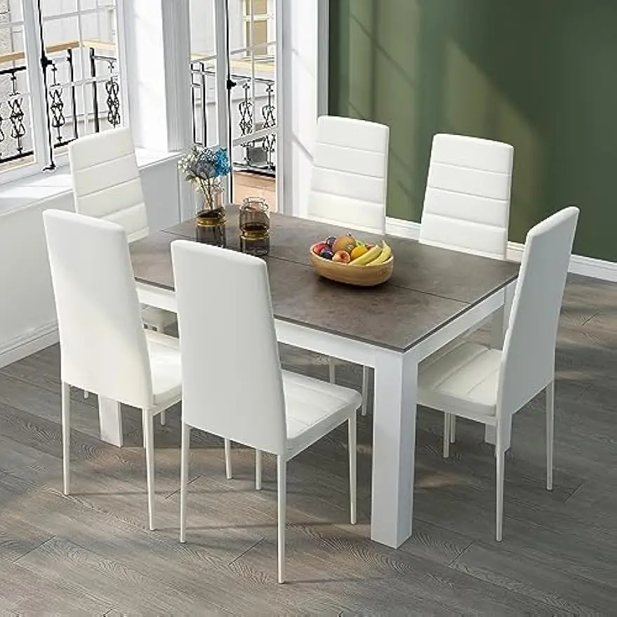 7-Piece Dining Table Set – Rectangular Kitchen Table with 6 High-Back Faux Leather Chairs 6