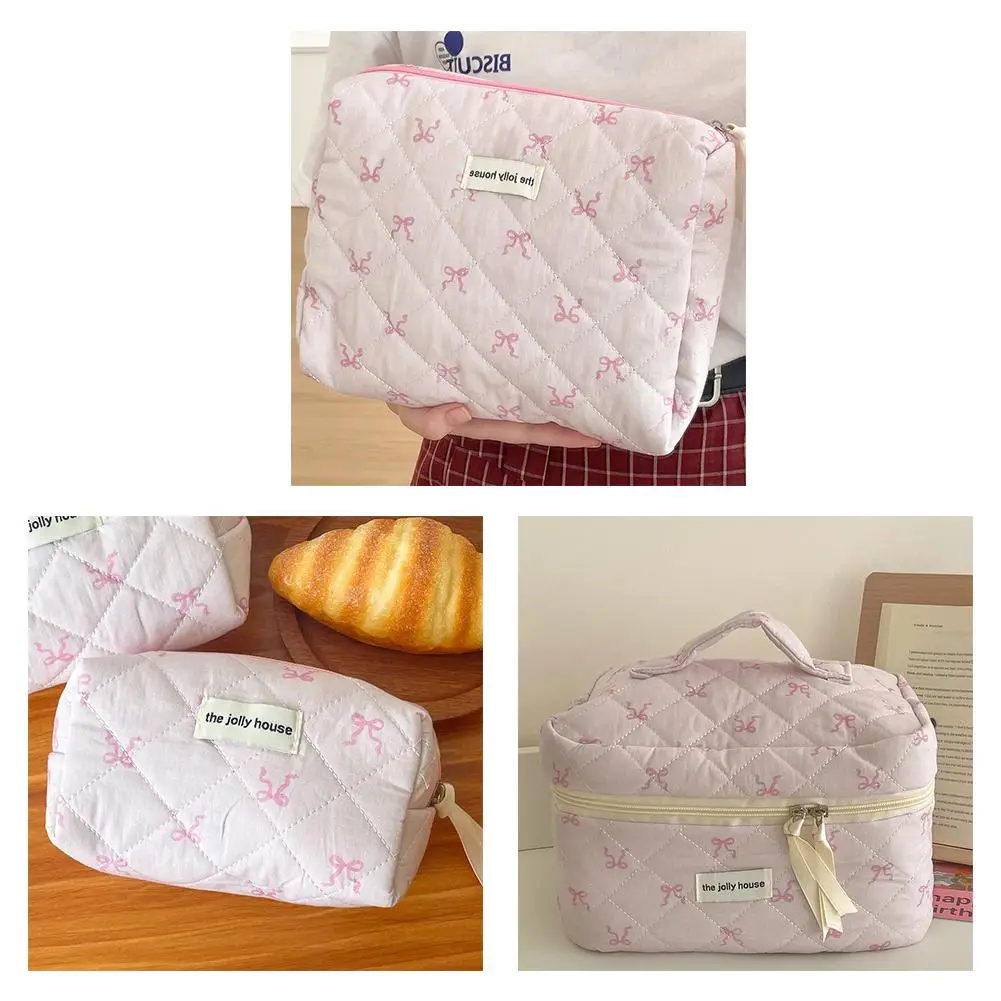 Pink Bowknot Quilting Women Cosmetic Bag Portable Zipper Makeup Travel Organizer Female Handbag Toiletry Pouch For Girls 4