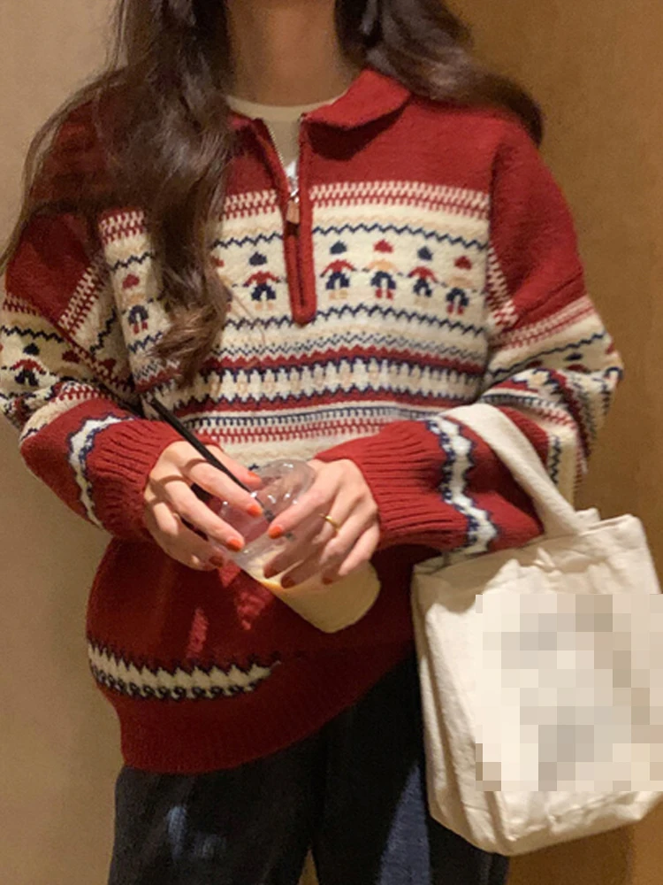 Retro High-End Red Sweater Women's Autumn Winter Loose Long Sve Turn-down Collar Knitted Top Festival Casual Wear