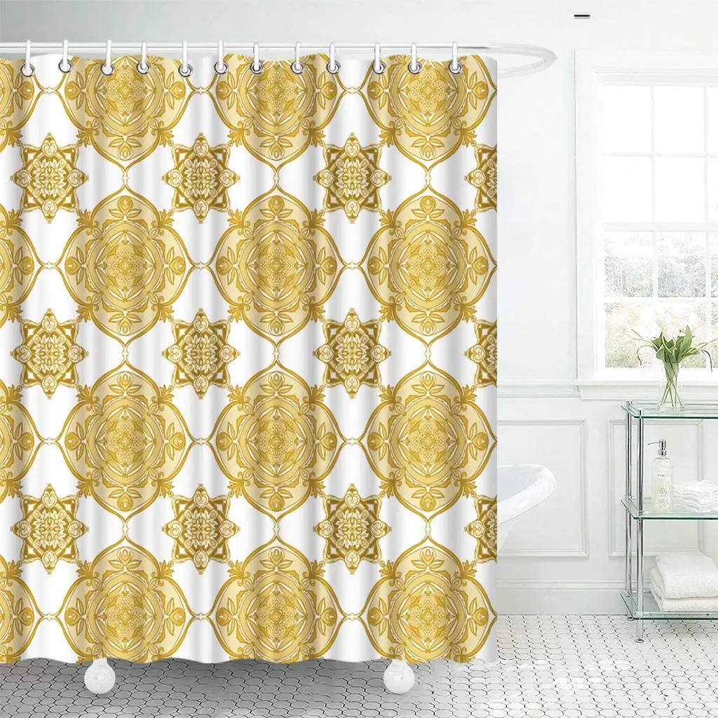 

Винтажная занавеска для душа с рисунком мандалы и золотых цветов, оформление ванной комнаты, традиционная экзотическая занавеска с крючками для ванной s