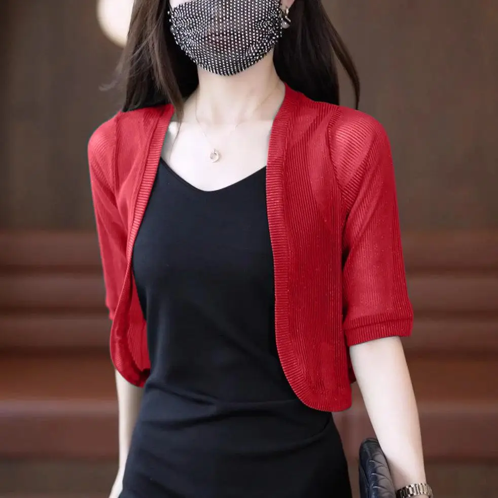 2023 봄 여름 여성 우아한 자른 하프 슬리브 자르기 탑 미니 경량 가디건 어깨 걸이 오픈 프론트 드레이프 가디건