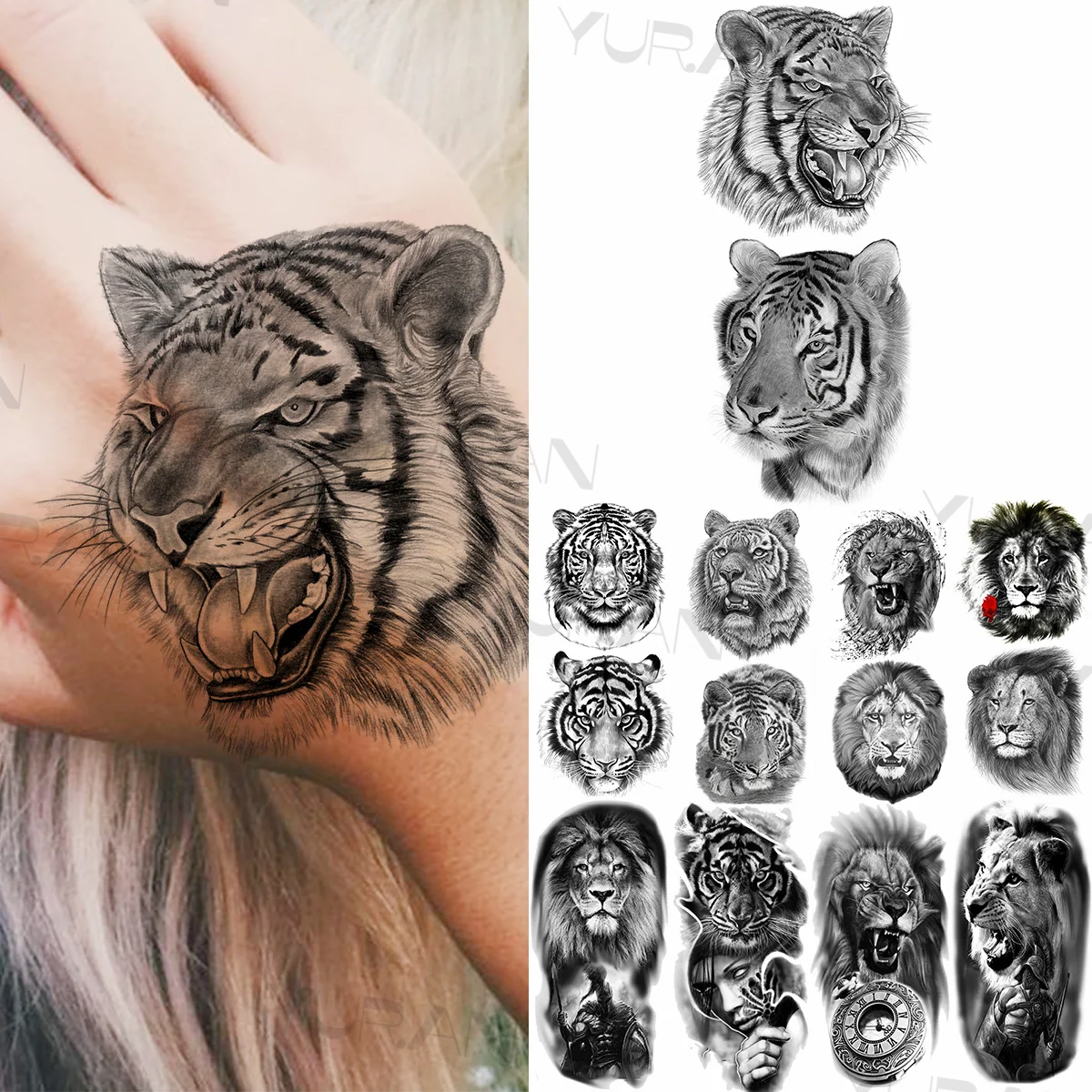 

Big Black Tiger Temporary Tattoos For Women Men Realistic Lion Compass Warrior Fake Tattoo Sticker Hand Body Tatoos Waterproof