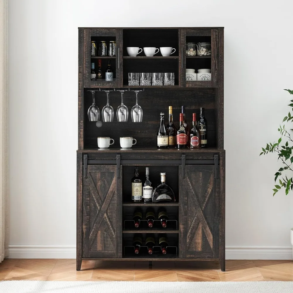 Farmhouse Coffee Bar Cabinet with Sliding Barn Door, 70" Tall Buffet Cabinet with Storage Shelves, Liquor Wine